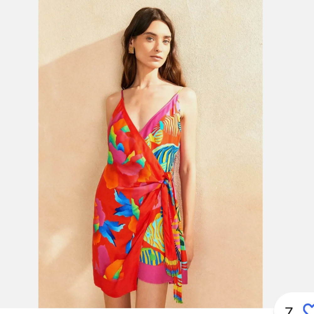 FARM Rio Red Floral Wrap Mini Dress with Multicolor Print